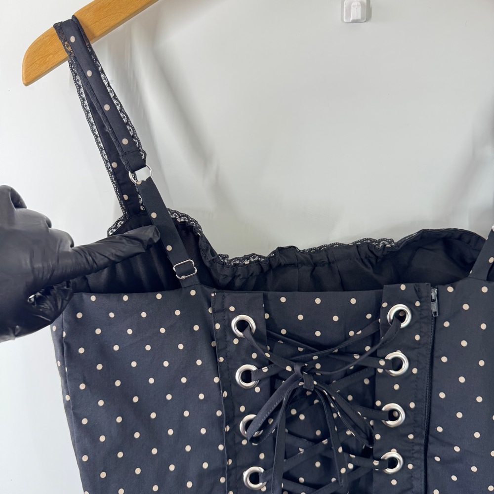 R+F Women Polka Dot Corset Mini Dress Lace Trim Fit Flare Sz M Black Coquette - Picture 12 of 15